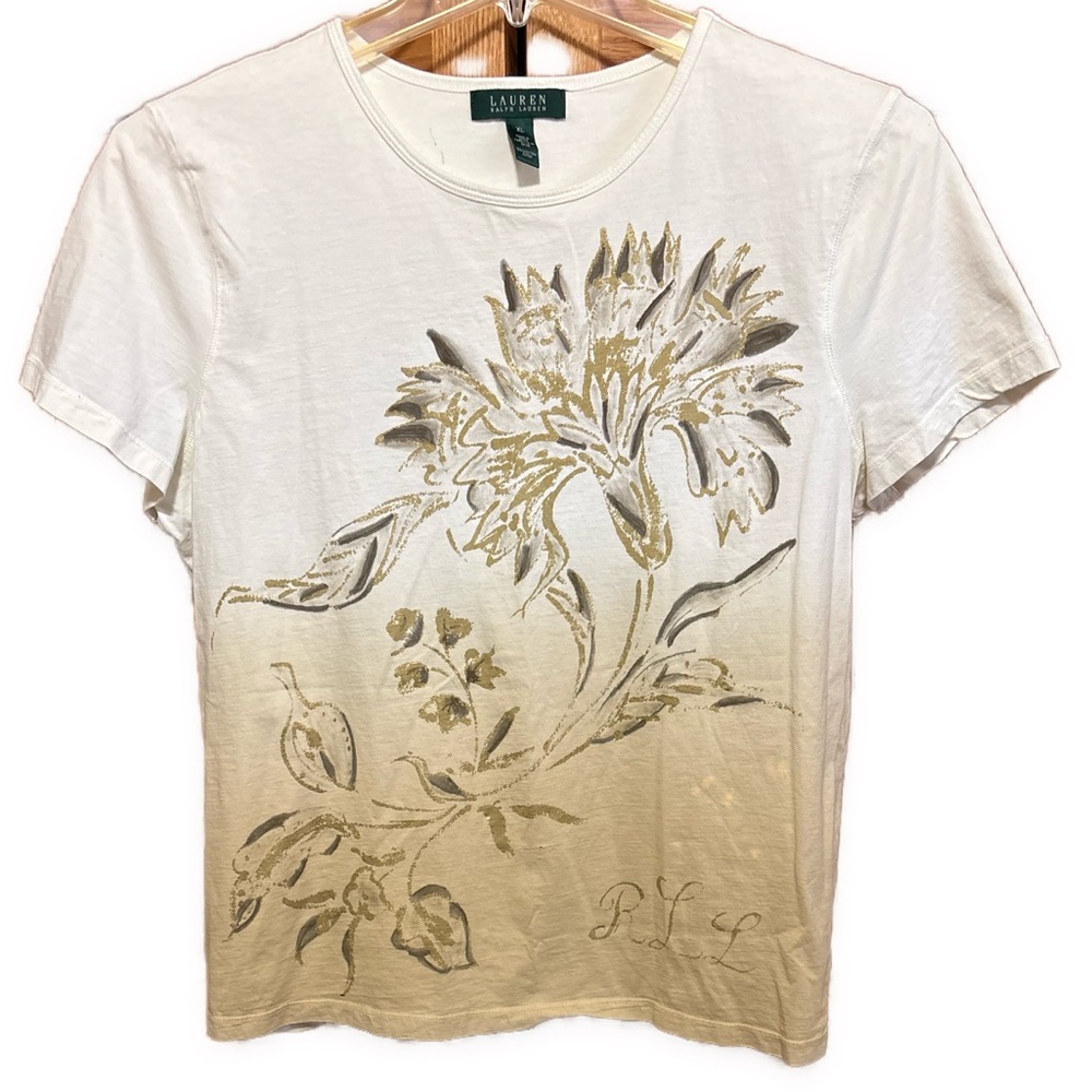 Women’s Vintage XL Lauren Ralph Lauren White, Taupe & Gold Floral Tee